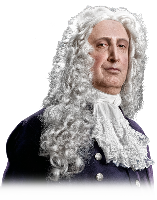 Portrait of an actor portraying Handel in a white wig