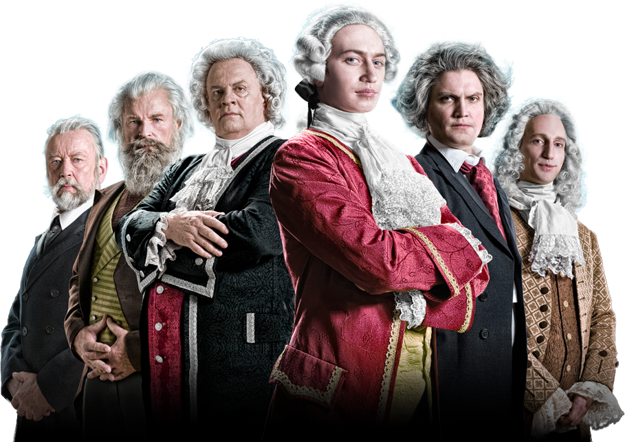 Actors in period costume portraying classical composers, promotional image from the series